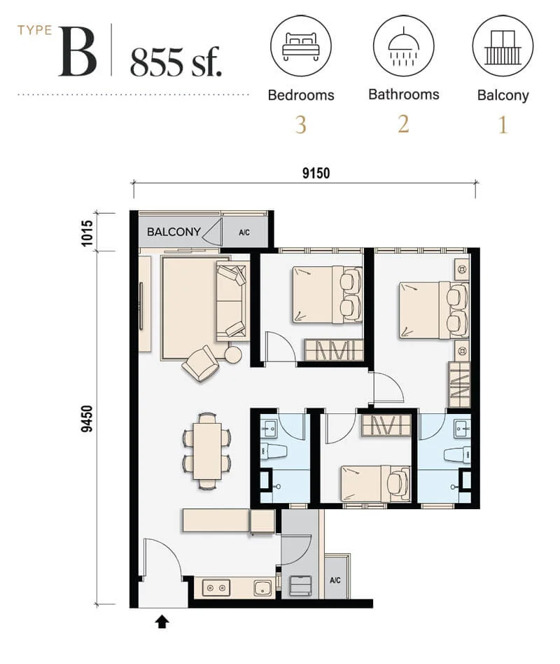 M Aspira Type B 855sqft 3-bedroom floor plan